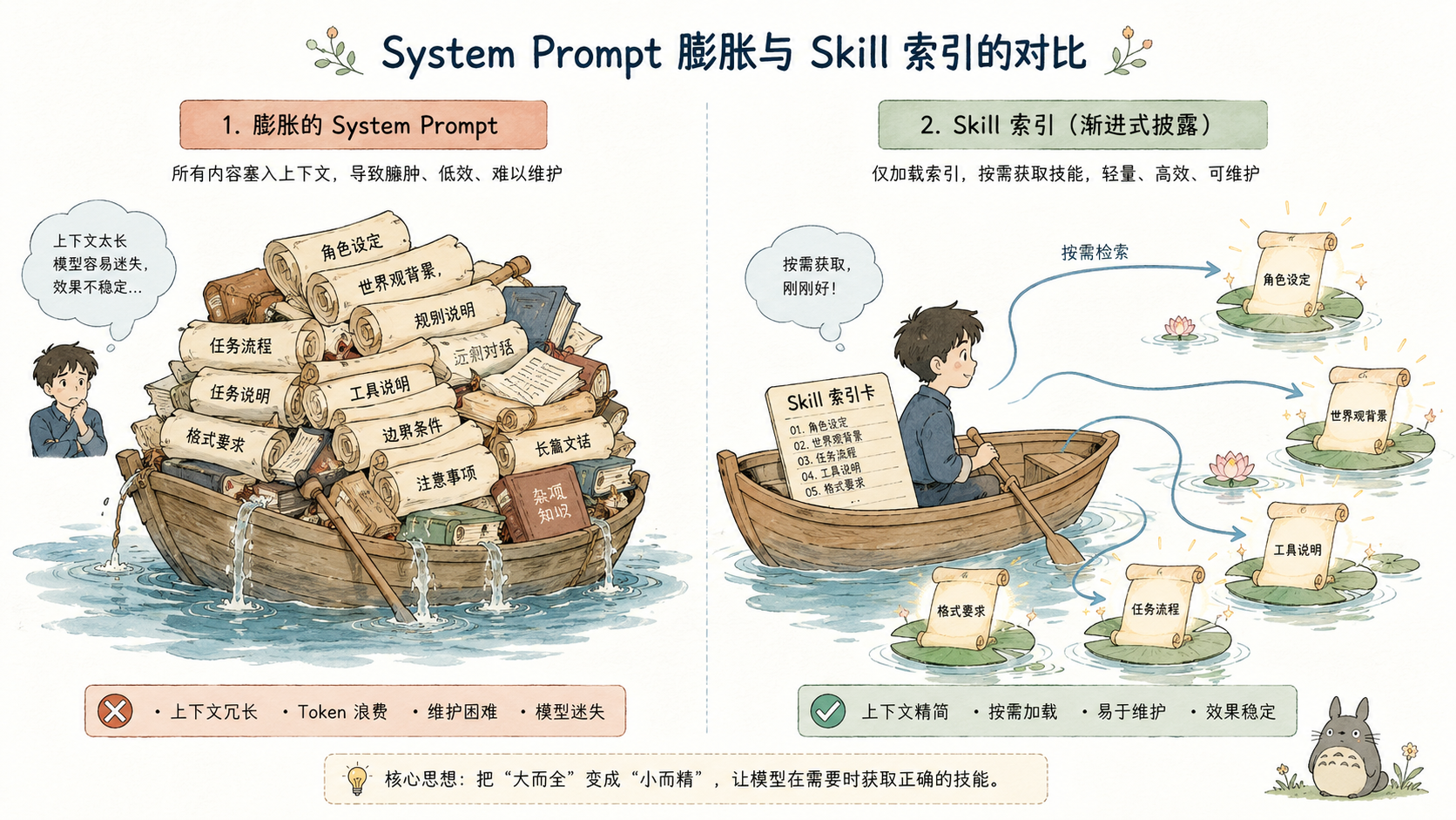 图:System Prompt 膨胀与 Skill 索引的对比