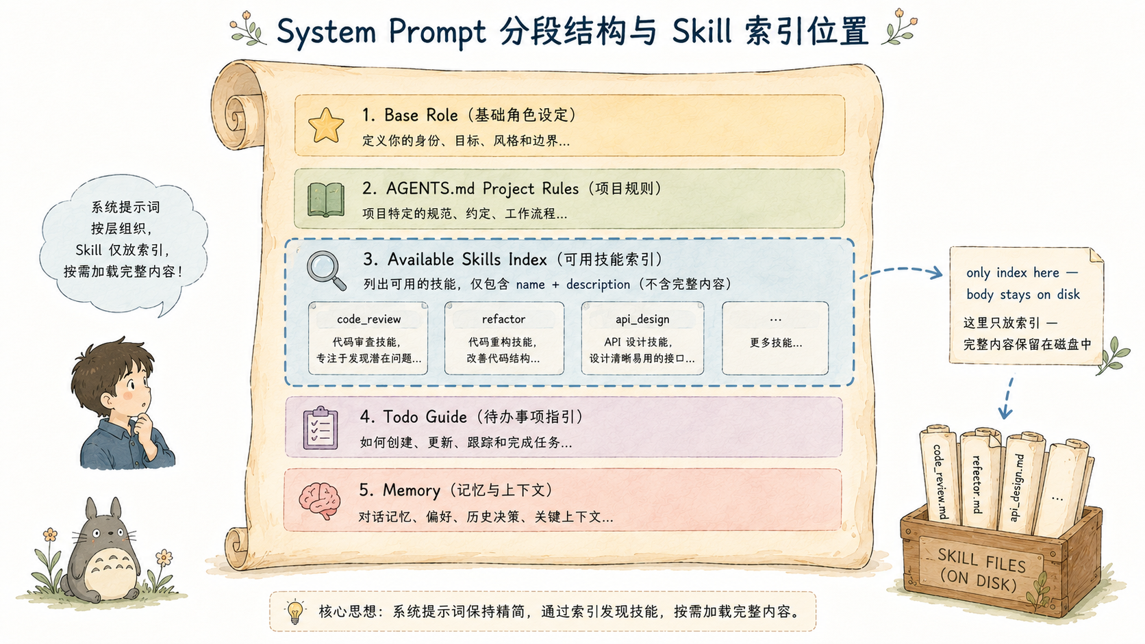 图:System Prompt 分段结构与 Skill 索引位置