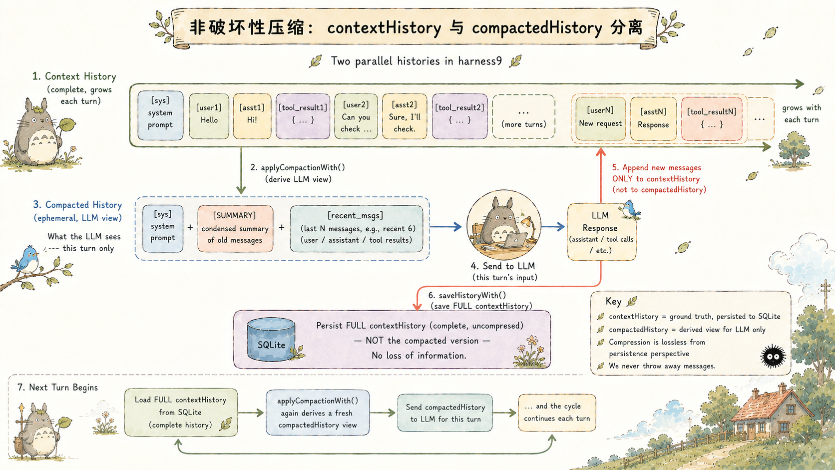 非破坏性压缩:contextHistory 与 compactedHistory 分离