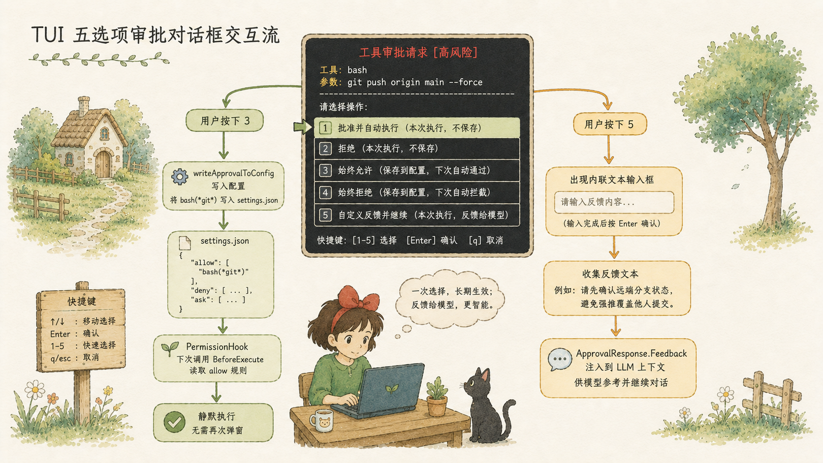TUI 五选项审批对话框交互流