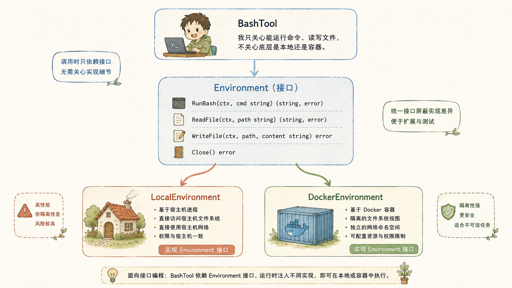 图：Environment 接口统一 Local 与 Docker 两种实现
