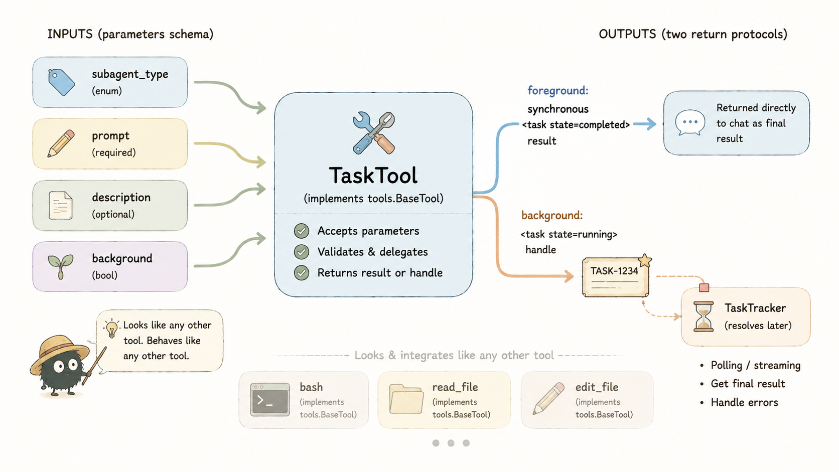 task 工具作为委派入口:参数 schema 与两种返回协议